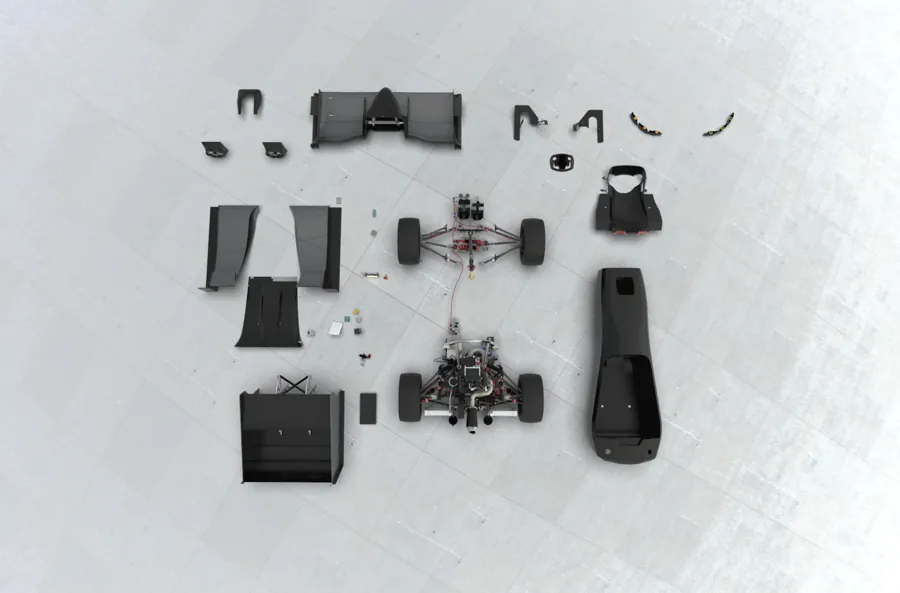 Formula student car laid out in exploded components