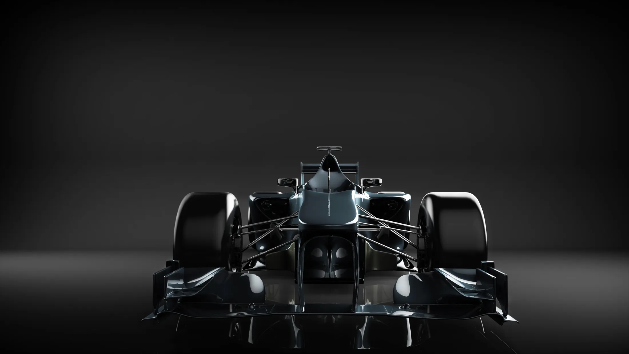 Formula 1 car front view in a dark studio